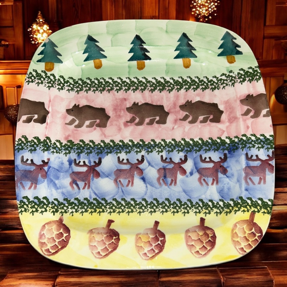 Vintage Zrike Italy “Cabin Fever” Moose Bear Acorn Pine Tree Severing Platter